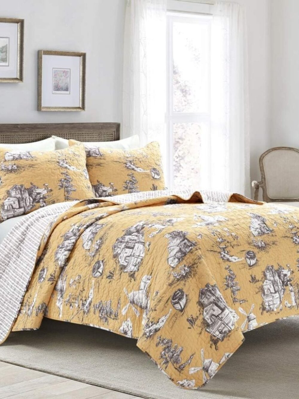 French Country Toile Reversible Cotton Quilt King Size 3 Piece Set Yellow & Gray